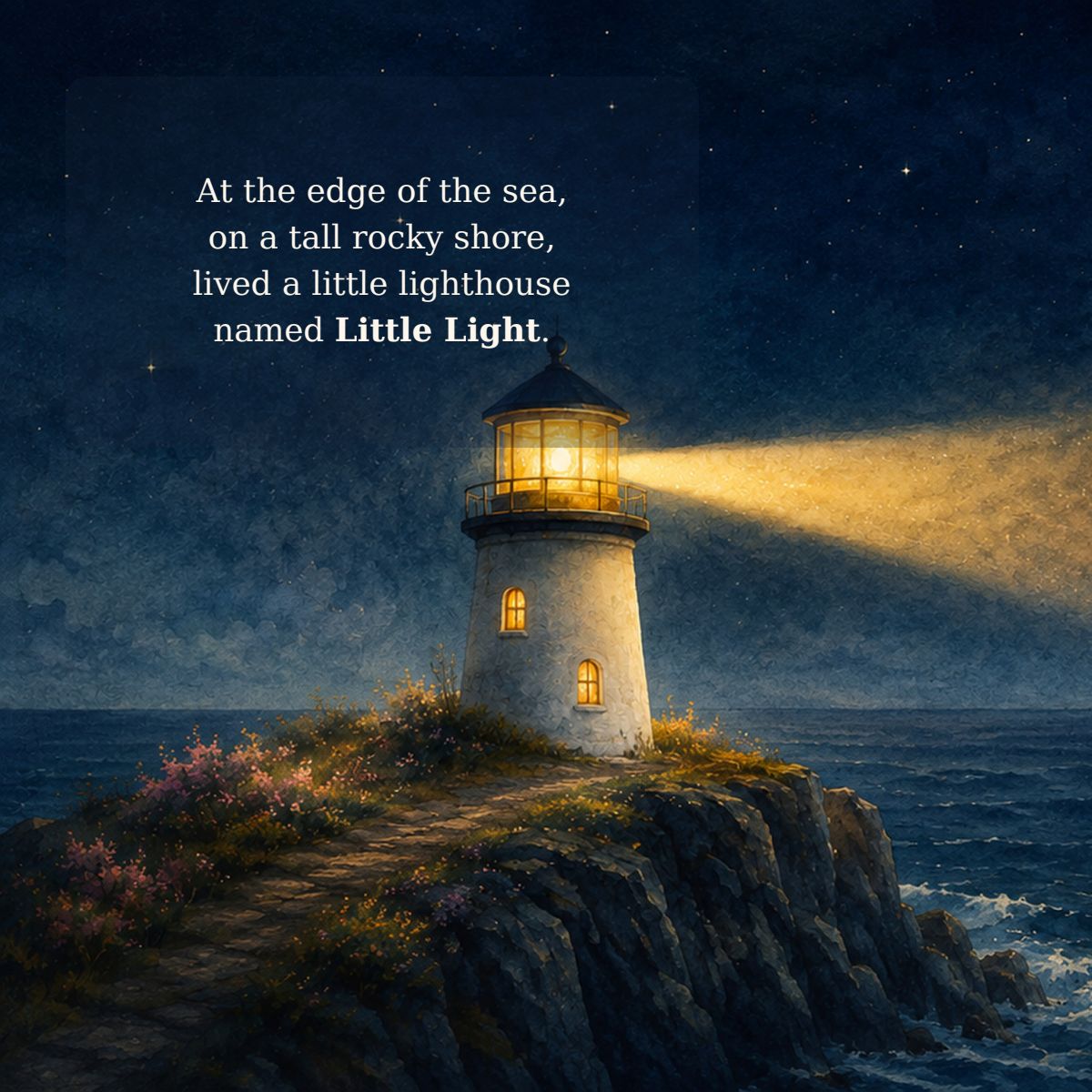 At the edge of the sea, on a tall rocky shore, lived a little lighthouse named Little Light.