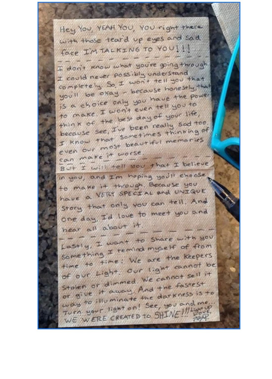 A handwritten napkin note from Jay